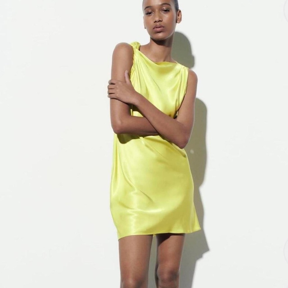 Zara Lime Green Knotted Satin Sleeveless Dress